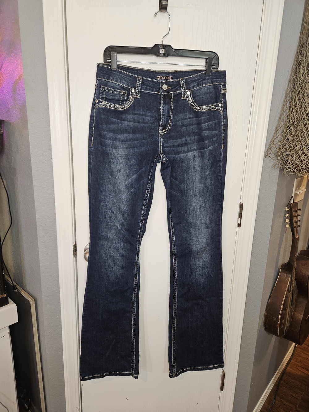Shyanne Dark Blue Boot Cut Jeans with Rhinestone Trim